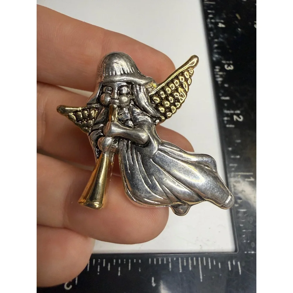 Two Tone Silver Gold Angel Playing Trumpet Brooch Pin Holiday Jewelry
